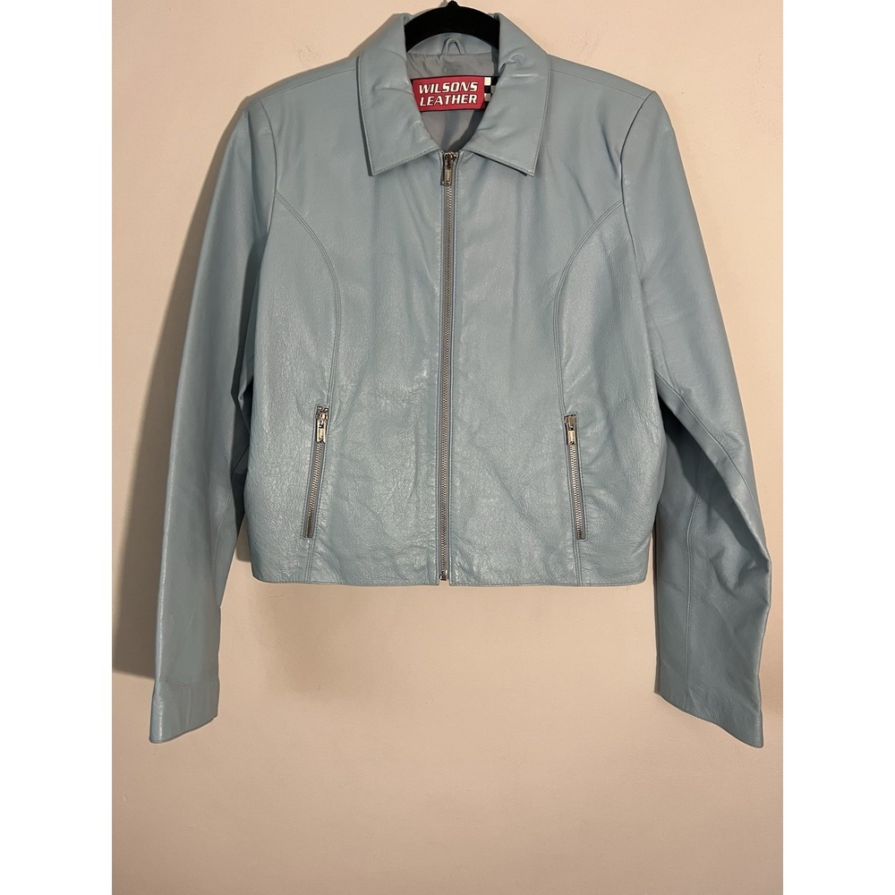 WILSONS LEATHER Womens Vtg Baby Blue Cropped Lined Leather Motorcycle Jacket L